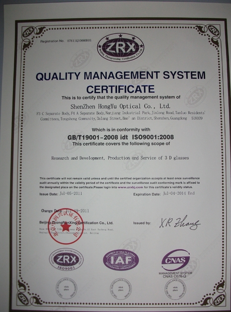 Chine SHENZHEN HONY OPTICAL CO.,LTD certifications